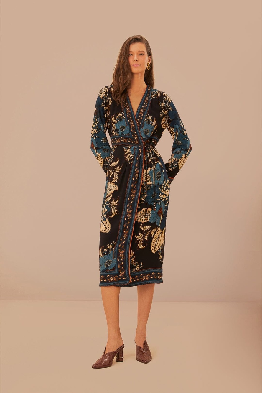 Farm Rio Blossom Tapestry Black Midi Wrap Dress Multicolor M NWT